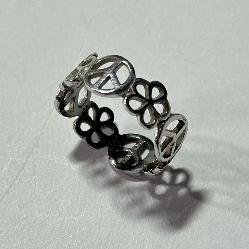 925 Silver Peace & Flower Ring Thailand Pinky Ring Y2K Kidcore Size 6.75
